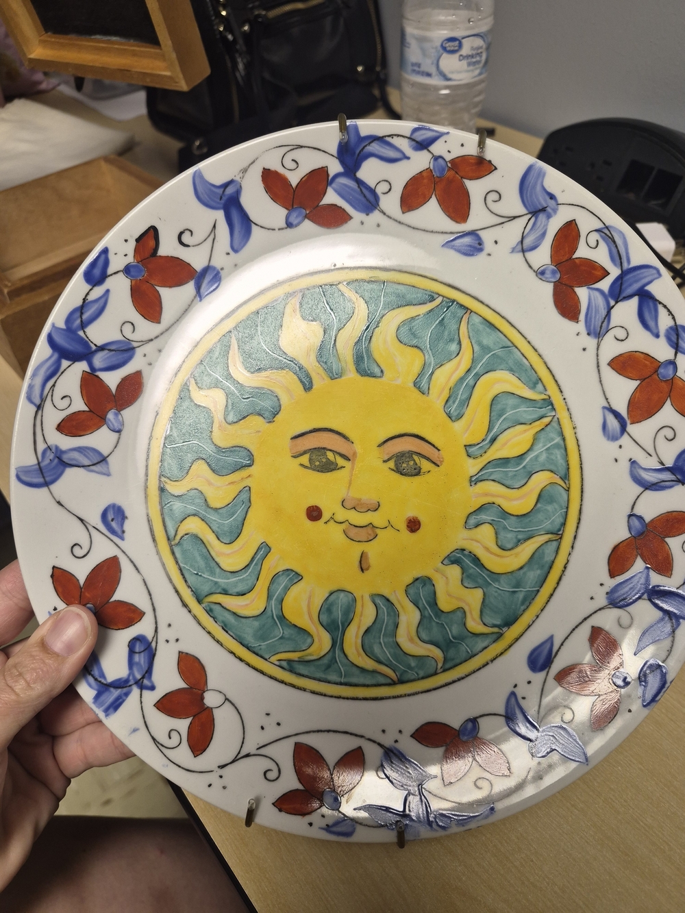 Hand-Painted Sun Face Decorative Wall Plate - Yellow & Blue